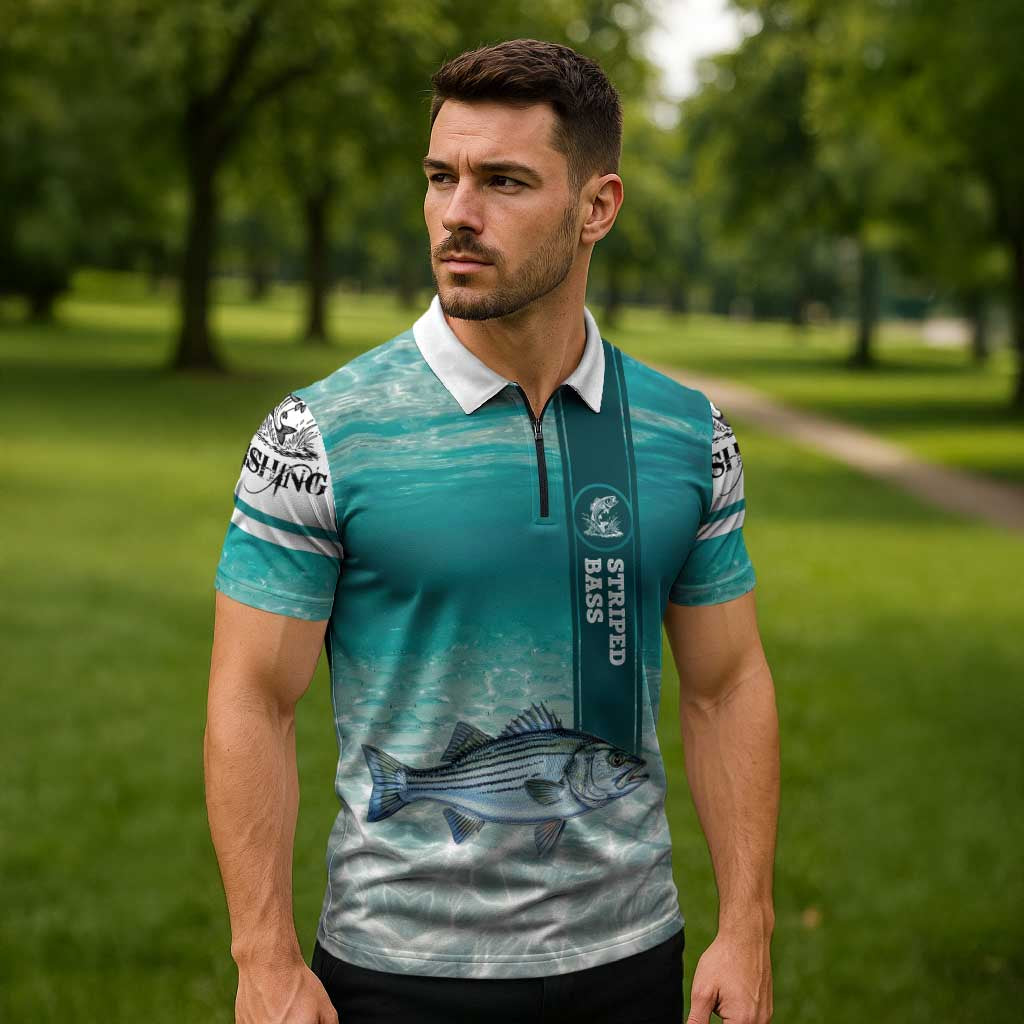 Striped Bass Fishing Zipper Polo Shirt with Underwater Ocean Scene and Teal Water Pattern - Wonder Print Shop