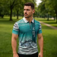 Striped Bass Fishing Zipper Polo Shirt with Underwater Ocean Scene and Teal Water Pattern - Wonder Print Shop