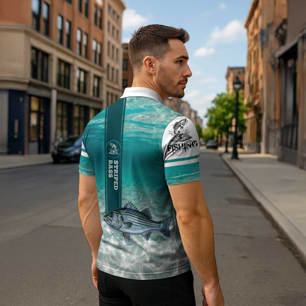 Striped Bass Fishing Zipper Polo Shirt with Underwater Ocean Scene and Teal Water Pattern - Wonder Print Shop