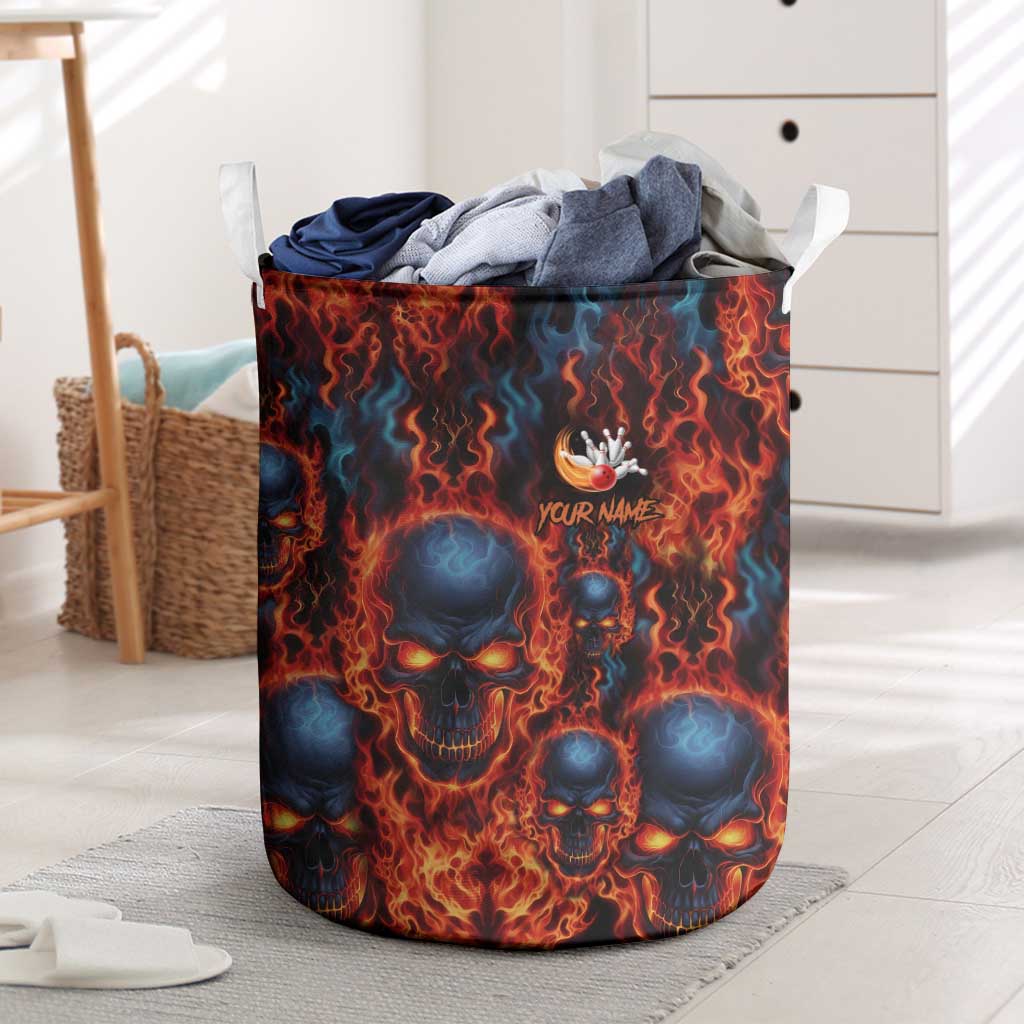 Custom Flaming Skull Bowling Laundry Basket with Fiery Pins and Intense Red Blue Flame Pattern - Wonder Print Shop