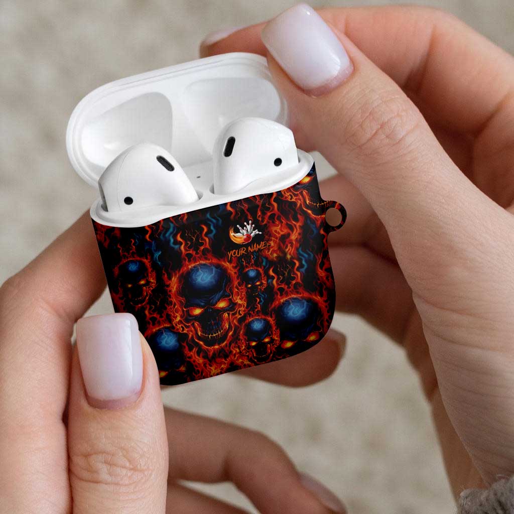 Custom Flaming Skull Bowling AirPods Case with Fiery Pins and Intense Red Blue Flame Pattern - Wonder Print Shop