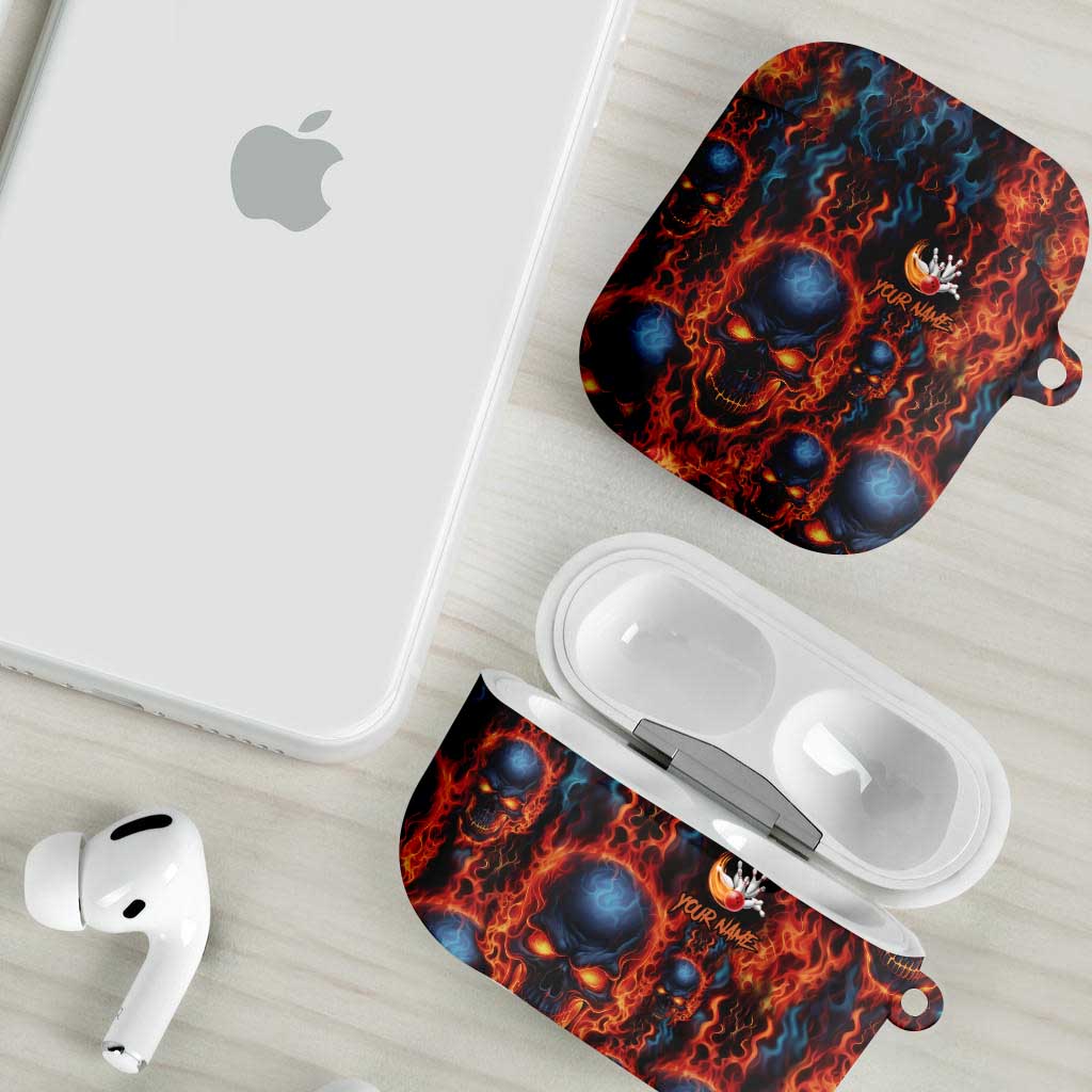 Custom Flaming Skull Bowling AirPods Case with Fiery Pins and Intense Red Blue Flame Pattern - Wonder Print Shop