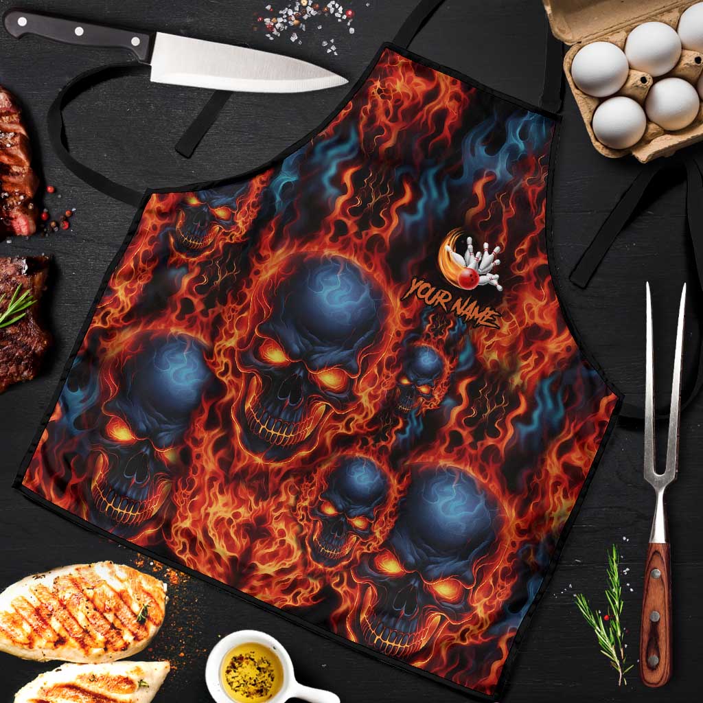 Custom Flaming Skull Bowling Apron with Fiery Pins and Intense Red Blue Flame Pattern - Wonder Print Shop