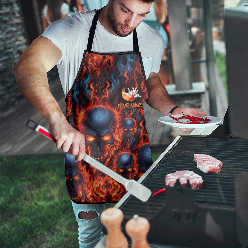 Custom Flaming Skull Bowling Apron with Fiery Pins and Intense Red Blue Flame Pattern - Wonder Print Shop