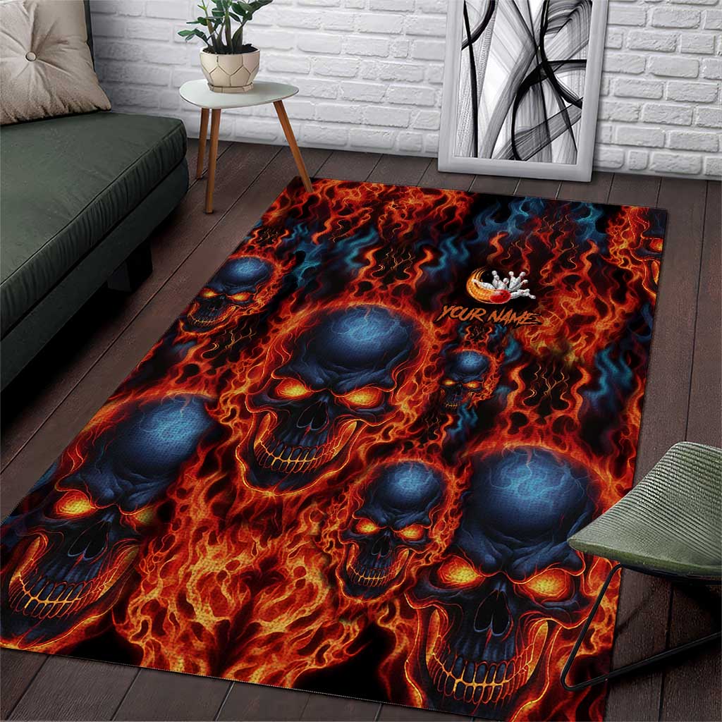 Custom Flaming Skull Bowling Area Rug with Fiery Pins and Intense Red Blue Flame Pattern - Wonder Print Shop