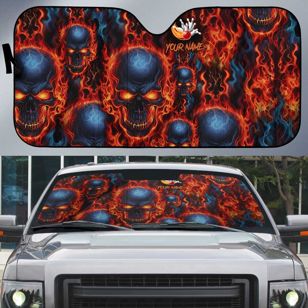 Custom Flaming Skull Bowling Auto Sun Shade with Fiery Pins and Intense Red Blue Flame Pattern - Wonder Print Shop