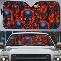 Custom Flaming Skull Bowling Auto Sun Shade with Fiery Pins and Intense Red Blue Flame Pattern - Wonder Print Shop