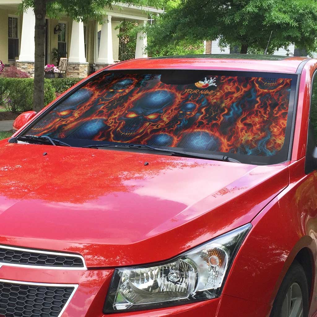 Custom Flaming Skull Bowling Auto Sun Shade with Fiery Pins and Intense Red Blue Flame Pattern - Wonder Print Shop