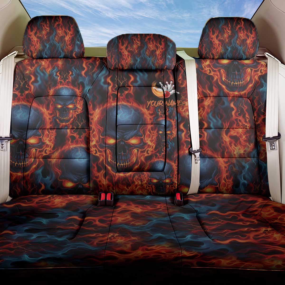 Custom Flaming Skull Bowling Back Car Seat Cover with Fiery Pins and Intense Red Blue Flame Pattern - Wonder Print Shop