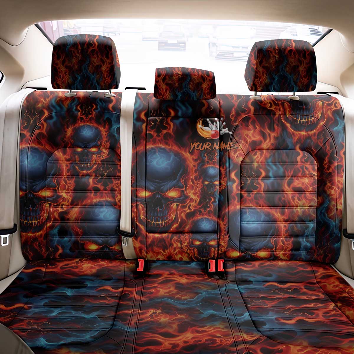 Custom Flaming Skull Bowling Back Car Seat Cover with Fiery Pins and Intense Red Blue Flame Pattern - Wonder Print Shop
