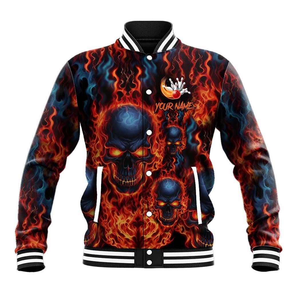 Custom Flaming Skull Bowling Baseball Jacket with Fiery Pins and Intense Red Blue Flame Pattern - Wonder Print Shop