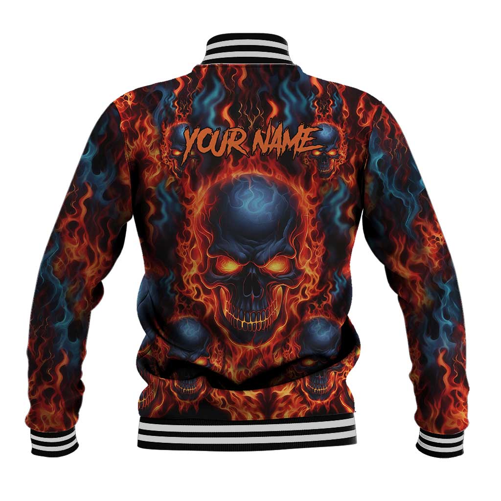 Custom Flaming Skull Bowling Baseball Jacket with Fiery Pins and Intense Red Blue Flame Pattern - Wonder Print Shop