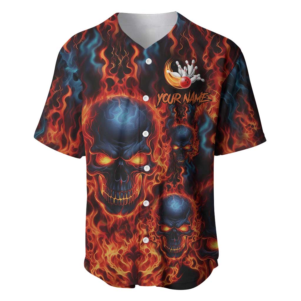 Custom Flaming Skull Bowling Baseball Jersey with Fiery Pins and Intense Red Blue Flame Pattern - Wonder Print Shop