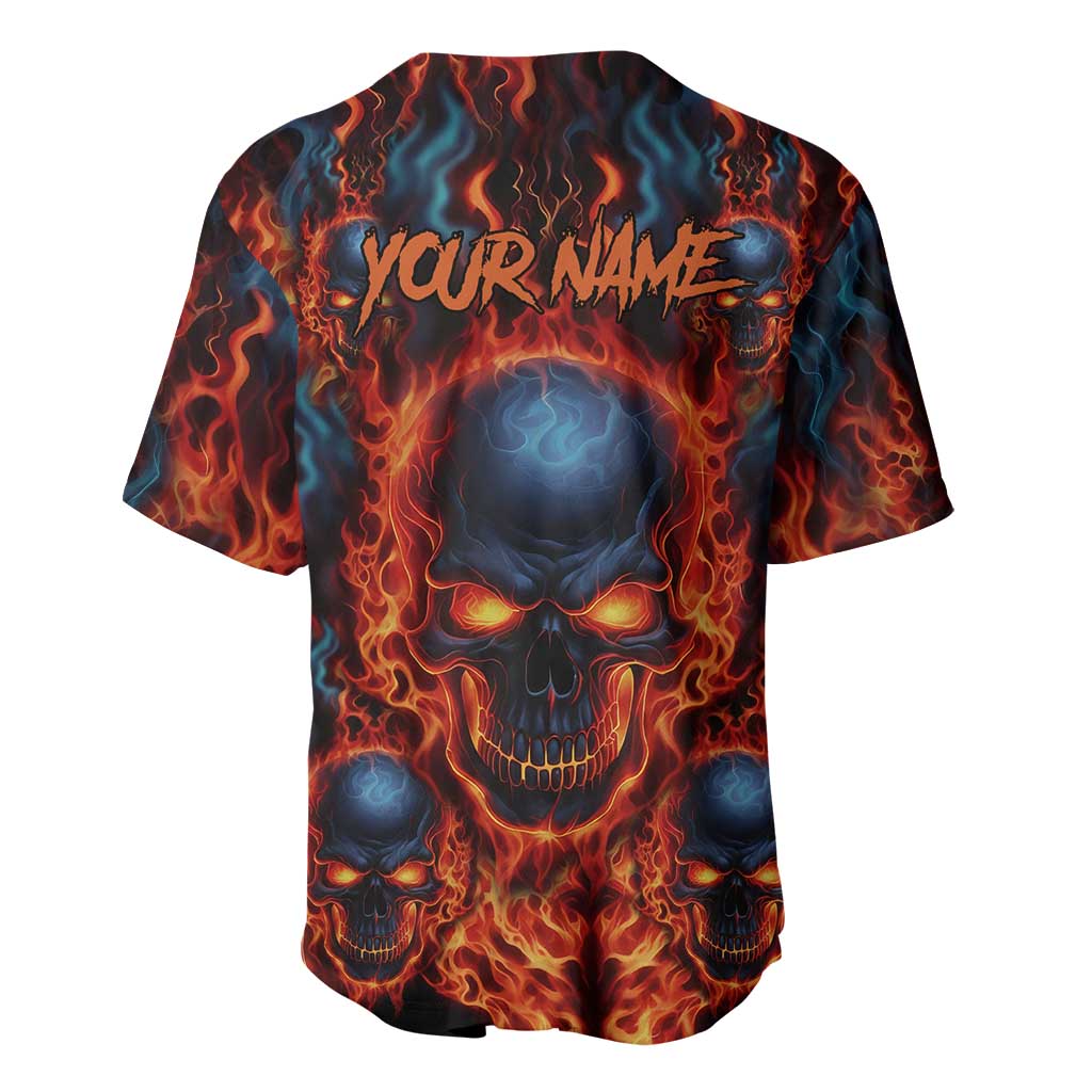 Custom Flaming Skull Bowling Baseball Jersey with Fiery Pins and Intense Red Blue Flame Pattern - Wonder Print Shop
