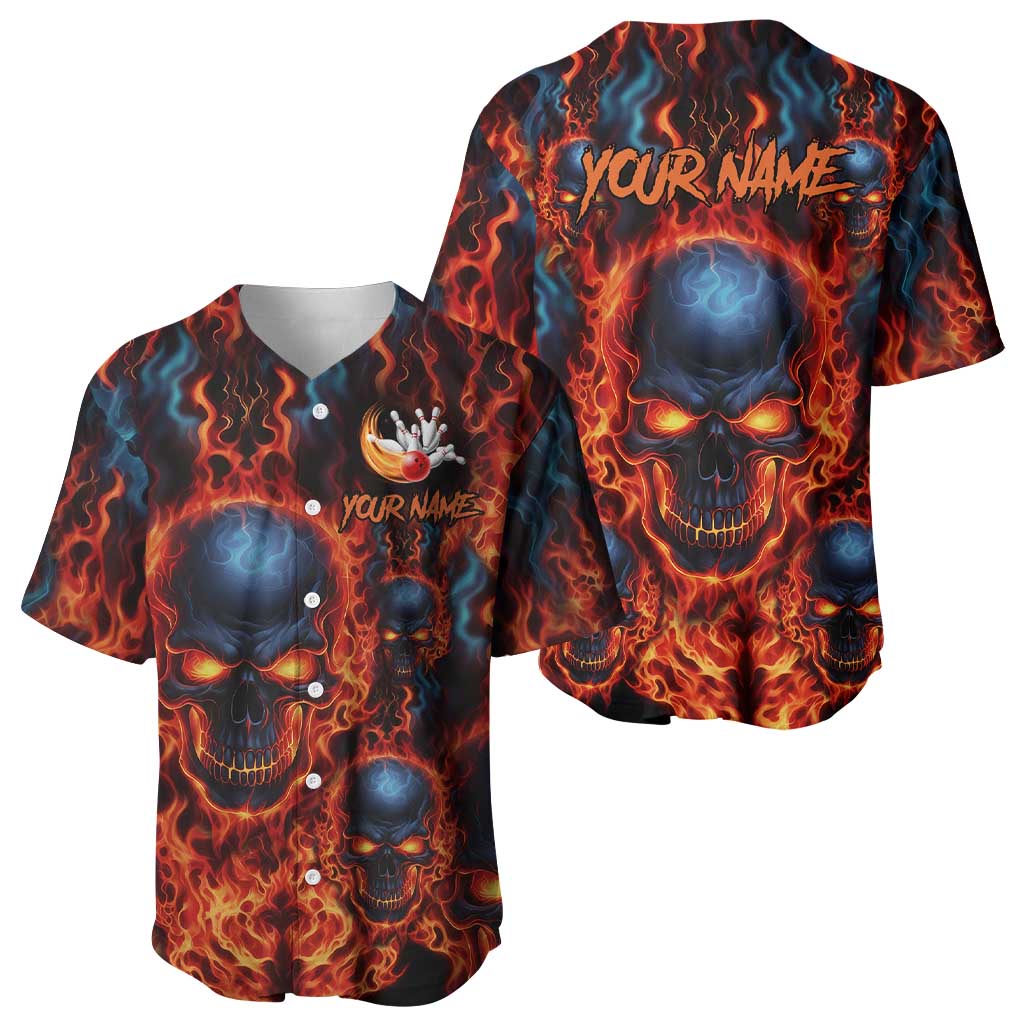Custom Flaming Skull Bowling Baseball Jersey with Fiery Pins and Intense Red Blue Flame Pattern - Wonder Print Shop