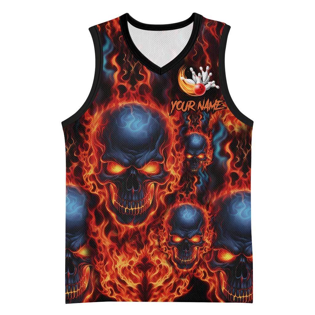 Custom Flaming Skull Bowling Basketball Jersey with Fiery Pins and Intense Red Blue Flame Pattern - Wonder Print Shop