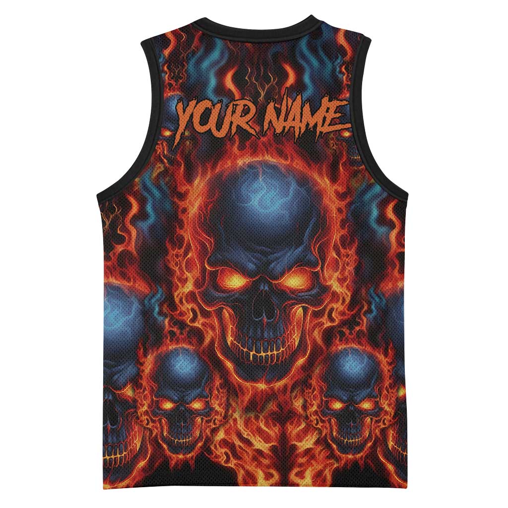 Custom Flaming Skull Bowling Basketball Jersey with Fiery Pins and Intense Red Blue Flame Pattern - Wonder Print Shop