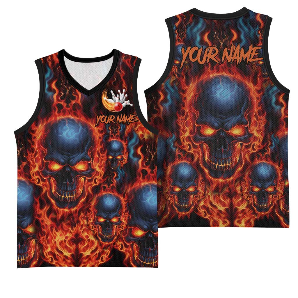 Custom Flaming Skull Bowling Basketball Jersey with Fiery Pins and Intense Red Blue Flame Pattern - Wonder Print Shop