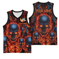 Custom Flaming Skull Bowling Basketball Jersey with Fiery Pins and Intense Red Blue Flame Pattern - Wonder Print Shop