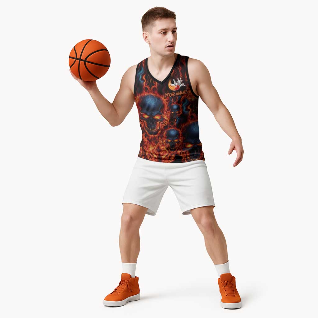 Custom Flaming Skull Bowling Basketball Jersey with Fiery Pins and Intense Red Blue Flame Pattern - Wonder Print Shop