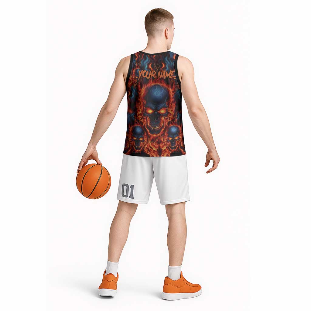 Custom Flaming Skull Bowling Basketball Jersey with Fiery Pins and Intense Red Blue Flame Pattern - Wonder Print Shop
