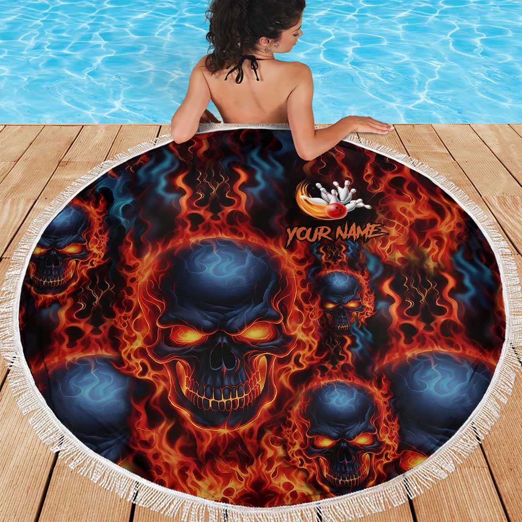 Custom Flaming Skull Bowling Beach Blanket with Fiery Pins and Intense Red Blue Flame Pattern - Wonder Print Shop