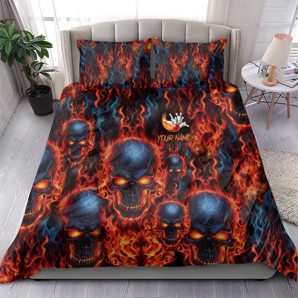 Custom Flaming Skull Bowling Bedding Set with Fiery Pins and Intense Red Blue Flame Pattern - Wonder Print Shop