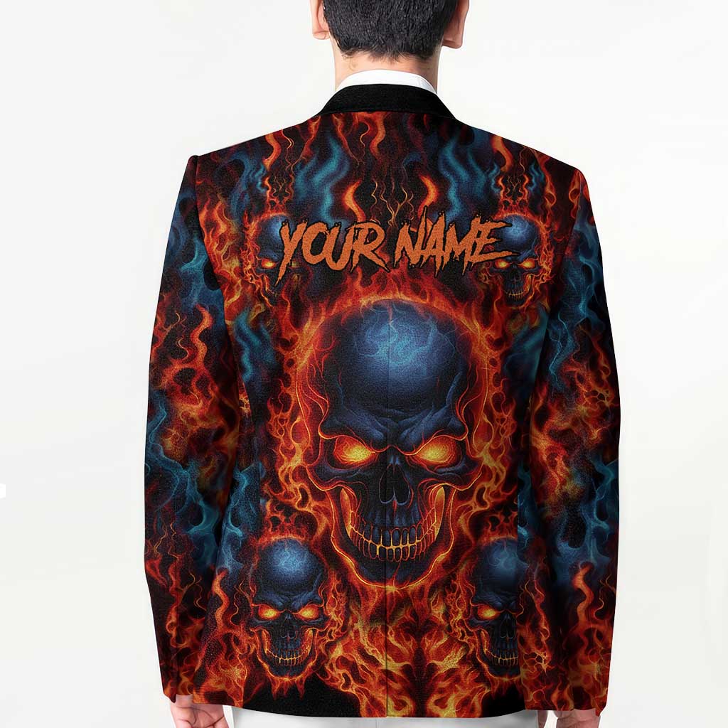 Custom Flaming Skull Bowling Blazer with Fiery Pins and Intense Red Blue Flame Pattern - Wonder Print Shop