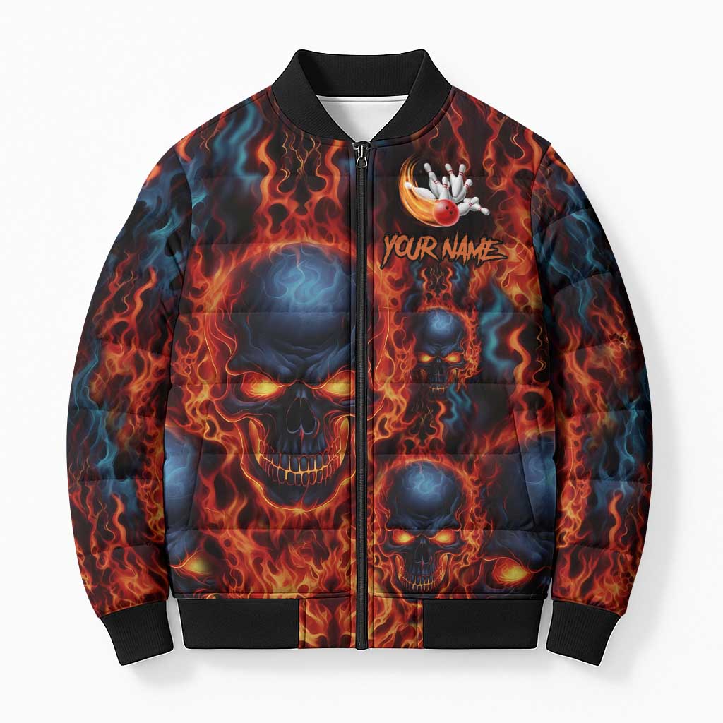 Custom Flaming Skull Bowling Bomber Puffer Jacket with Fiery Pins and Intense Red Blue Flame Pattern - Wonder Print Shop