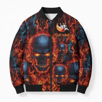 Custom Flaming Skull Bowling Bomber Puffer Jacket with Fiery Pins and Intense Red Blue Flame Pattern - Wonder Print Shop