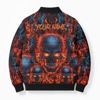 Custom Flaming Skull Bowling Bomber Puffer Jacket with Fiery Pins and Intense Red Blue Flame Pattern - Wonder Print Shop