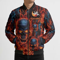 Custom Flaming Skull Bowling Bomber Puffer Jacket with Fiery Pins and Intense Red Blue Flame Pattern - Wonder Print Shop