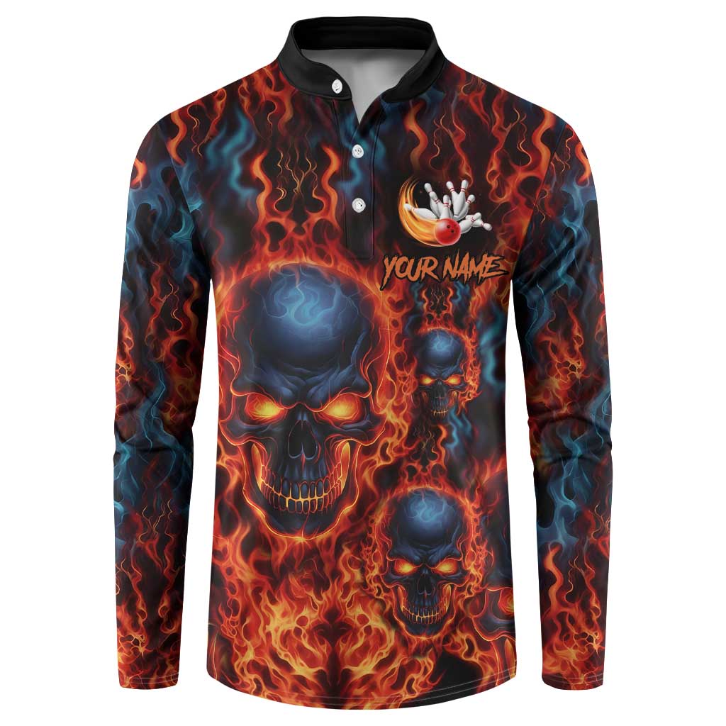 Custom Flaming Skull Bowling Button Sweatshirt with Fiery Pins and Intense Red Blue Flame Pattern - Wonder Print Shop