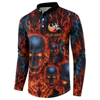 Custom Flaming Skull Bowling Button Sweatshirt with Fiery Pins and Intense Red Blue Flame Pattern - Wonder Print Shop