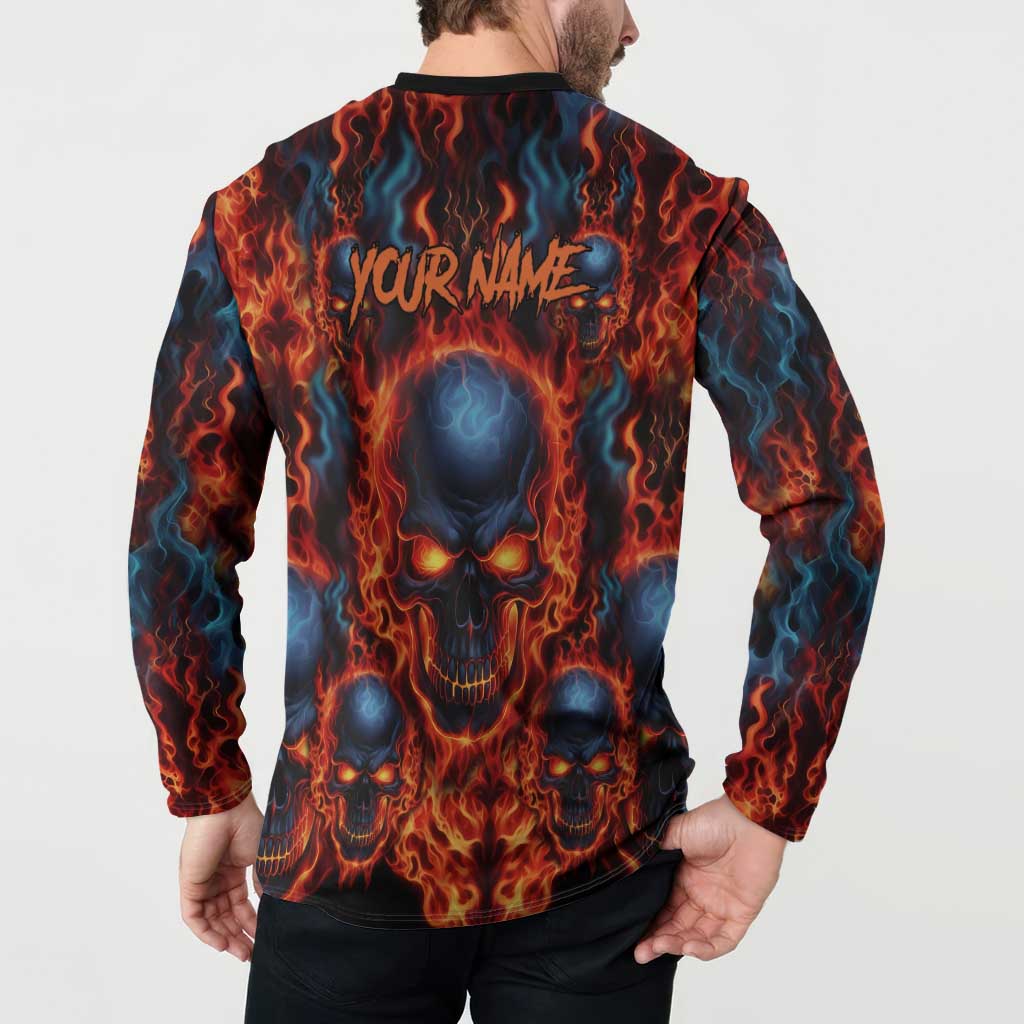 Custom Flaming Skull Bowling Button Sweatshirt with Fiery Pins and Intense Red Blue Flame Pattern - Wonder Print Shop