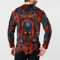 Custom Flaming Skull Bowling Button Sweatshirt with Fiery Pins and Intense Red Blue Flame Pattern - Wonder Print Shop