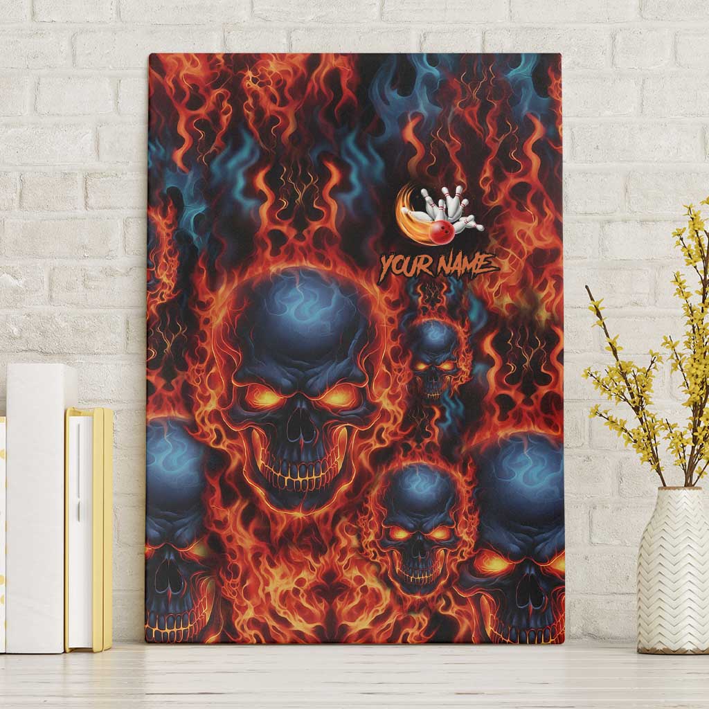 Custom Flaming Skull Bowling Canvas Wall Art with Fiery Pins and Intense Red Blue Flame Pattern - Wonder Print Shop