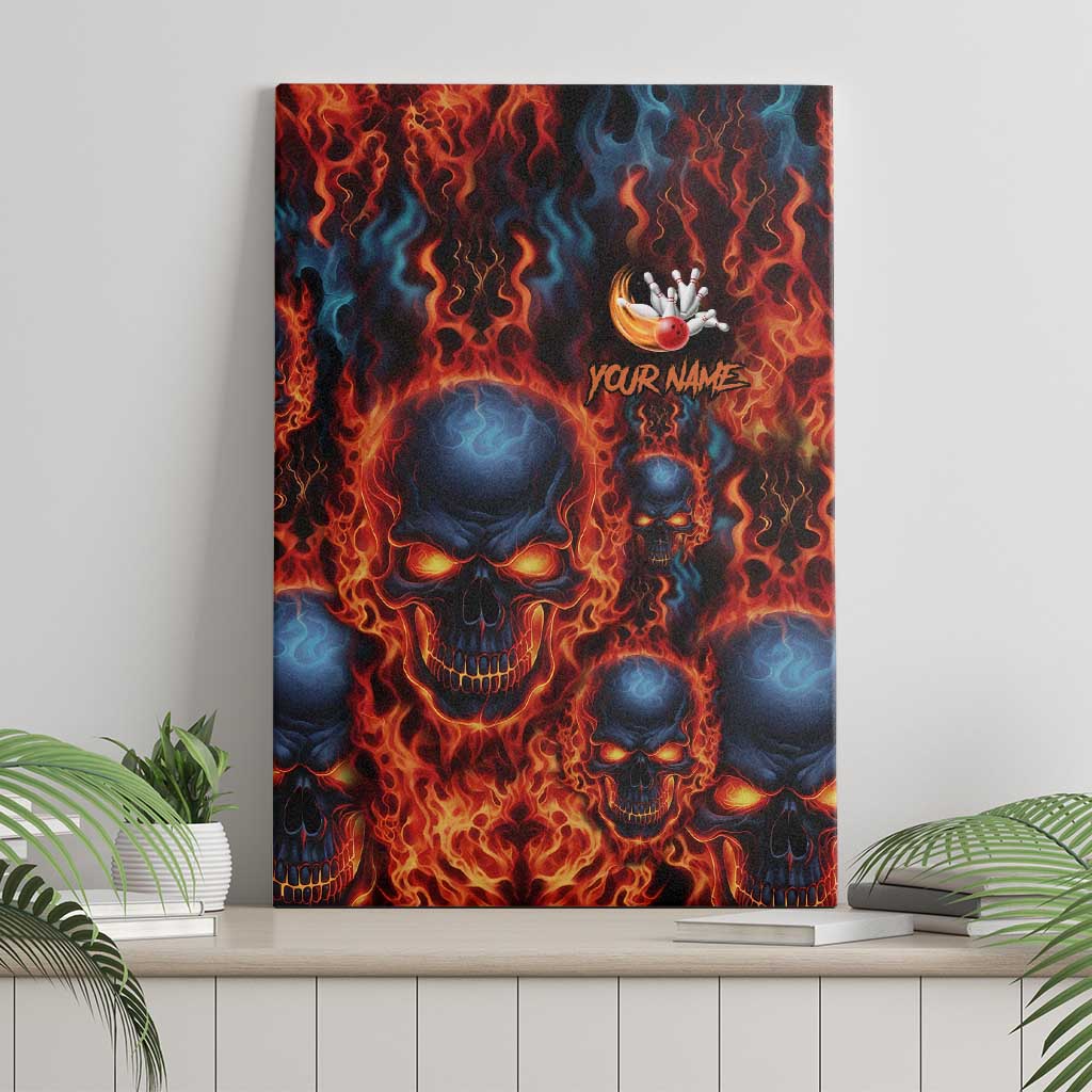 Custom Flaming Skull Bowling Canvas Wall Art with Fiery Pins and Intense Red Blue Flame Pattern - Wonder Print Shop
