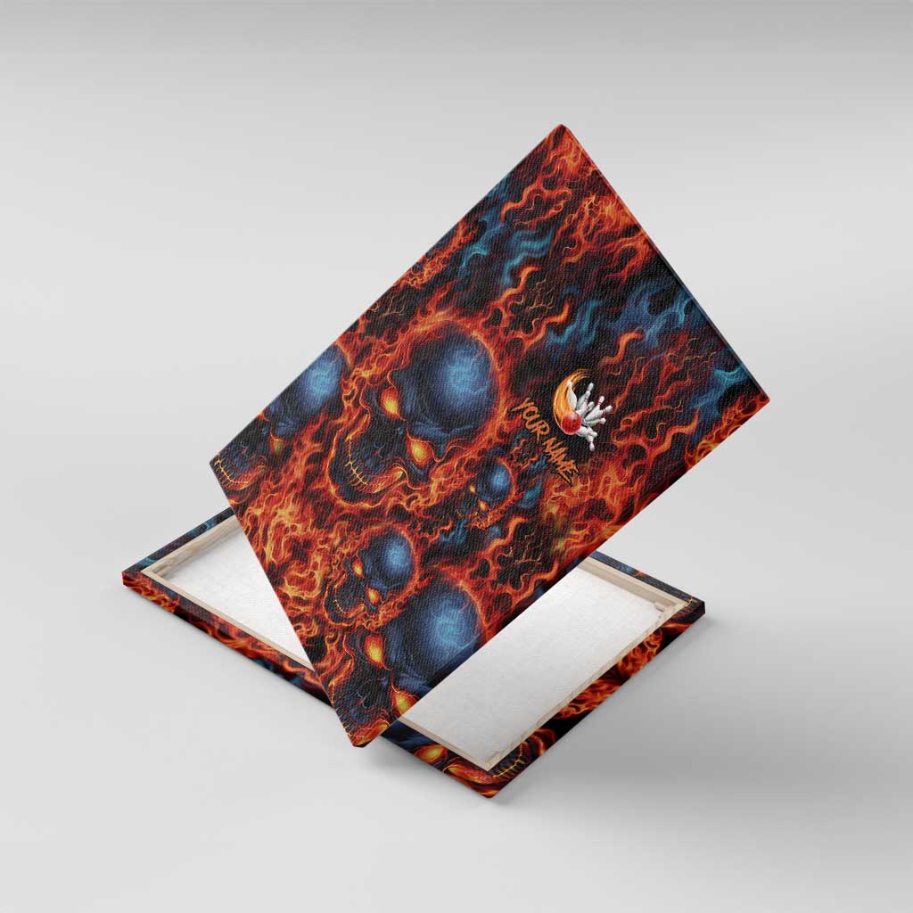 Custom Flaming Skull Bowling Canvas Wall Art with Fiery Pins and Intense Red Blue Flame Pattern - Wonder Print Shop