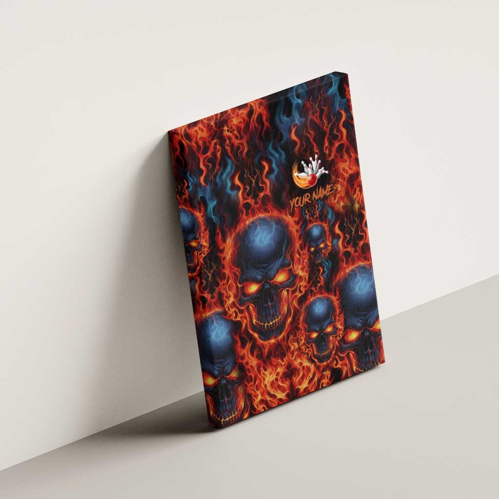 Custom Flaming Skull Bowling Canvas Wall Art with Fiery Pins and Intense Red Blue Flame Pattern - Wonder Print Shop