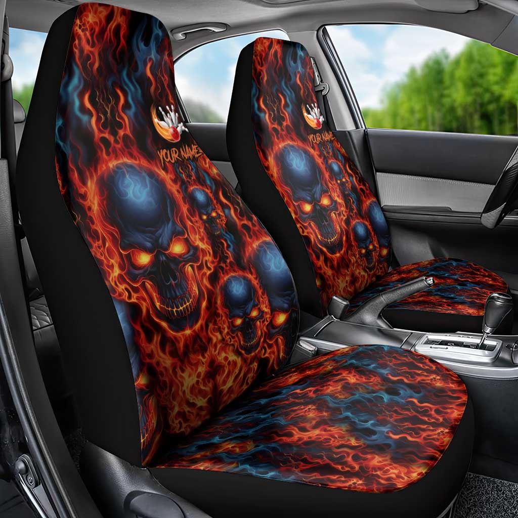 Custom Flaming Skull Bowling Car Seat Cover with Fiery Pins and Intense Red Blue Flame Pattern - Wonder Print Shop