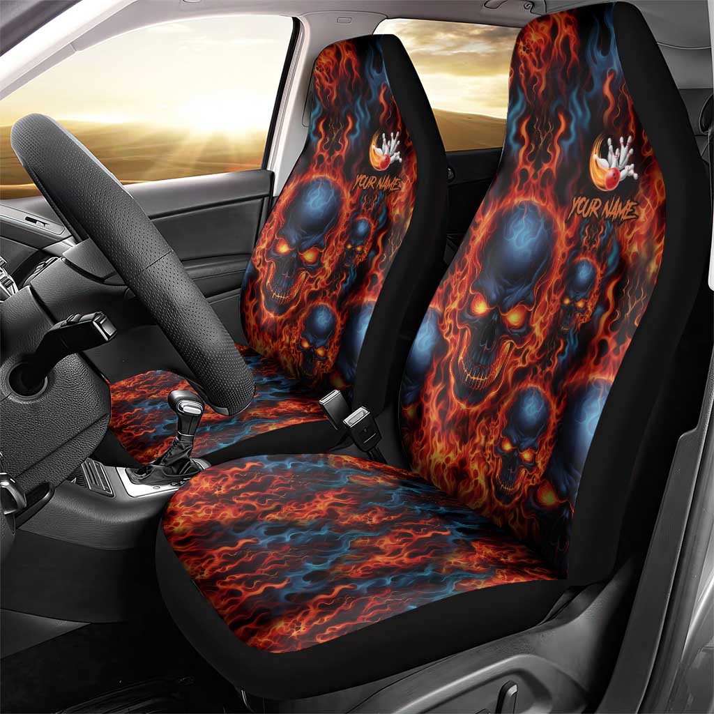 Custom Flaming Skull Bowling Car Seat Cover with Fiery Pins and Intense Red Blue Flame Pattern - Wonder Print Shop