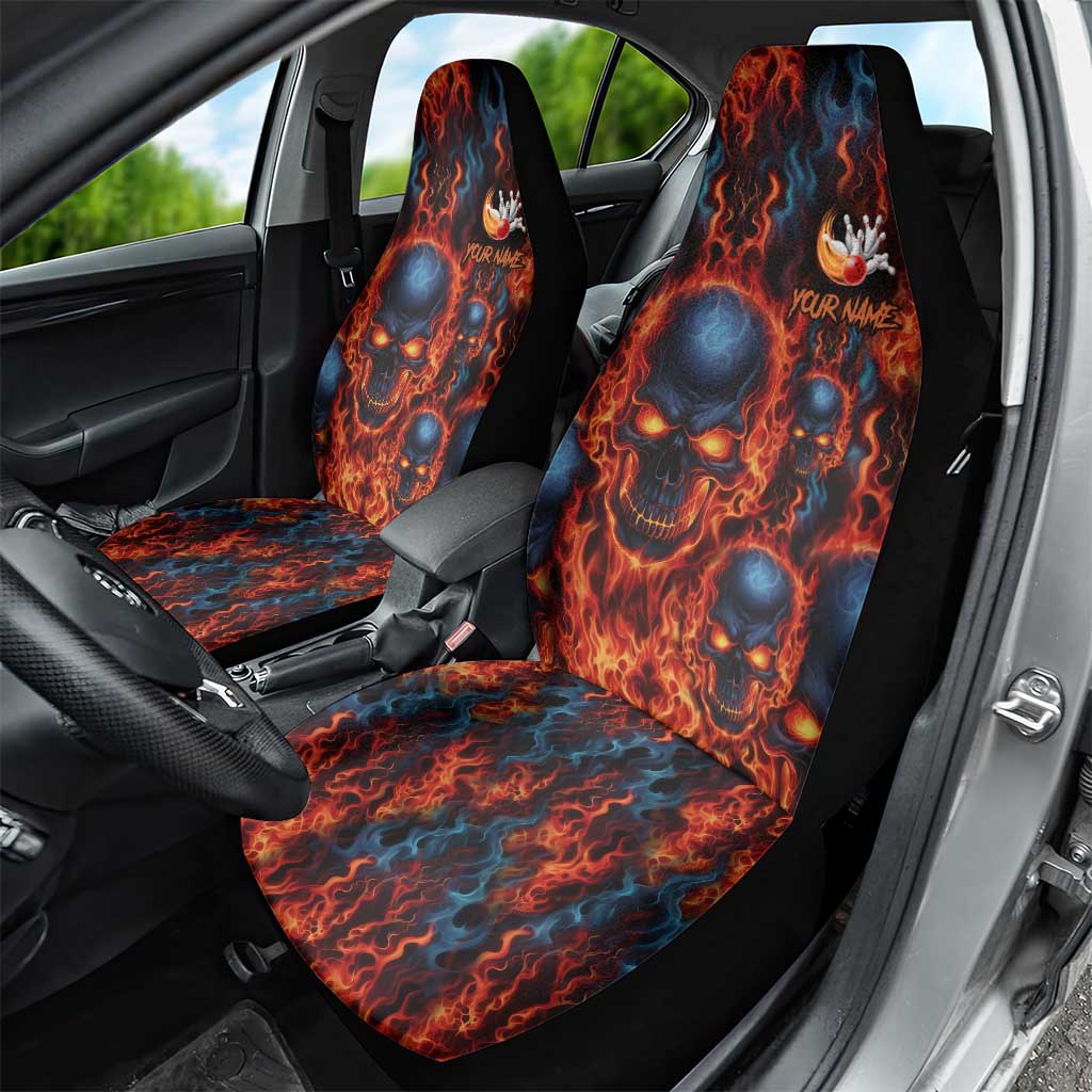 Custom Flaming Skull Bowling Car Seat Cover with Fiery Pins and Intense Red Blue Flame Pattern - Wonder Print Shop