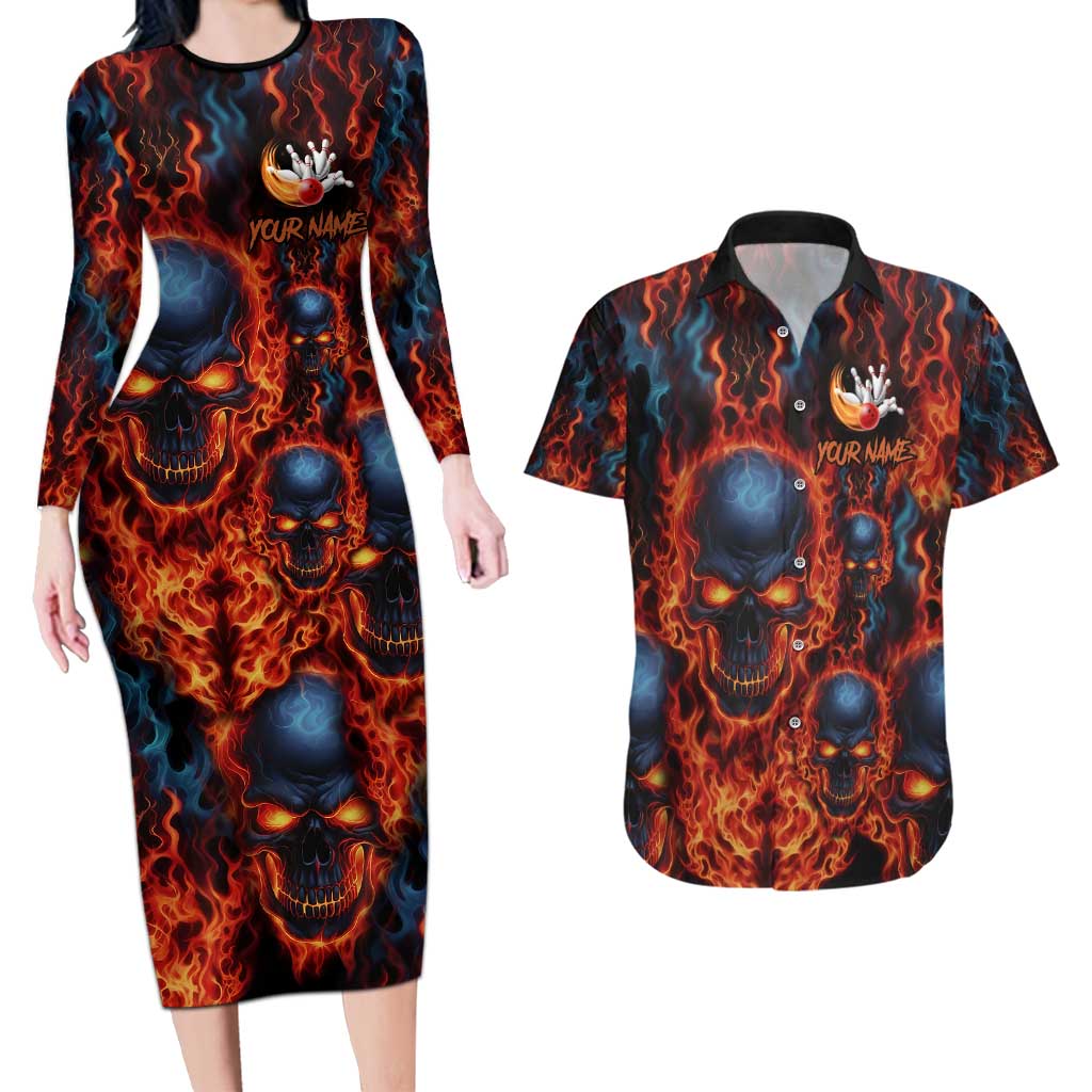 Custom Flaming Skull Bowling Couples Matching Long Sleeve Bodycon Dress and Hawaiian Shirt with Fiery Pins and Intense Red Blue Flame Pattern - Wonder Print Shop