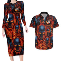 Custom Flaming Skull Bowling Couples Matching Long Sleeve Bodycon Dress and Hawaiian Shirt with Fiery Pins and Intense Red Blue Flame Pattern - Wonder Print Shop