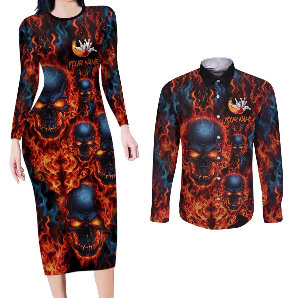 Custom Flaming Skull Bowling Couples Matching Long Sleeve Bodycon Dress and Long Sleeve Button Shirt with Fiery Pins and Intense Red Blue Flame Pattern - Wonder Print Shop