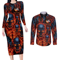 Custom Flaming Skull Bowling Couples Matching Long Sleeve Bodycon Dress and Long Sleeve Button Shirt with Fiery Pins and Intense Red Blue Flame Pattern - Wonder Print Shop