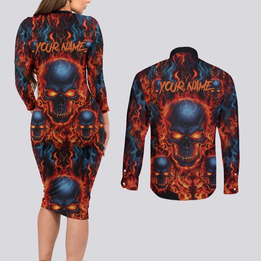 Custom Flaming Skull Bowling Couples Matching Long Sleeve Bodycon Dress and Long Sleeve Button Shirt with Fiery Pins and Intense Red Blue Flame Pattern - Wonder Print Shop