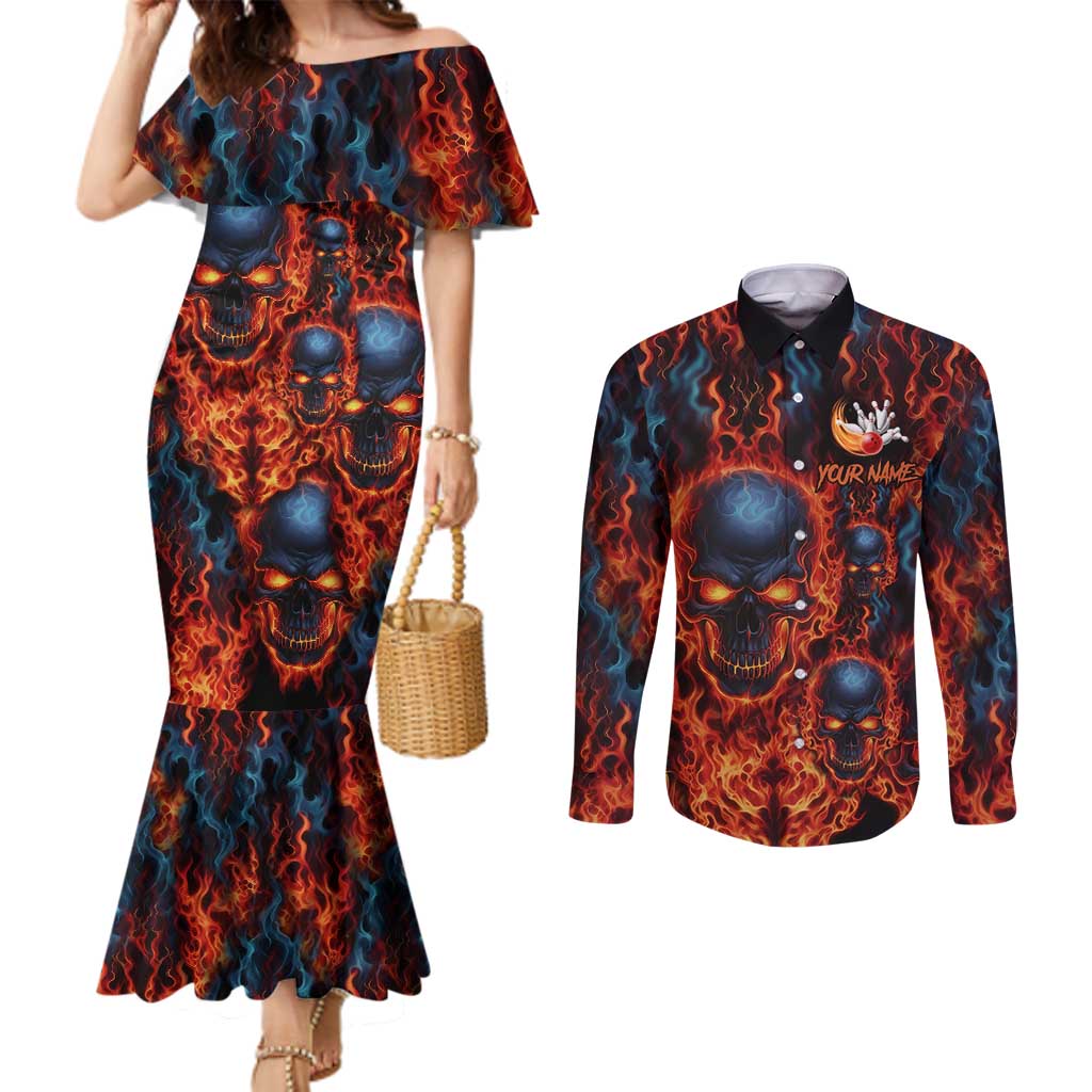 Custom Flaming Skull Bowling Couples Matching Mermaid Dress and Long Sleeve Button Shirt with Fiery Pins and Intense Red Blue Flame Pattern - Wonder Print Shop