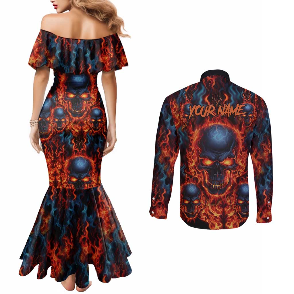 Custom Flaming Skull Bowling Couples Matching Mermaid Dress and Long Sleeve Button Shirt with Fiery Pins and Intense Red Blue Flame Pattern - Wonder Print Shop
